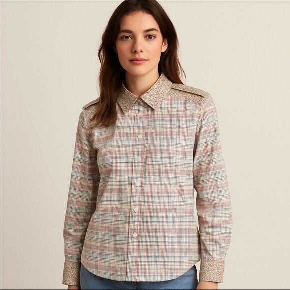 Marc Jacobs Red and Blue Small floral check with epaulette Button Down Shirt - Picture 1 of 11